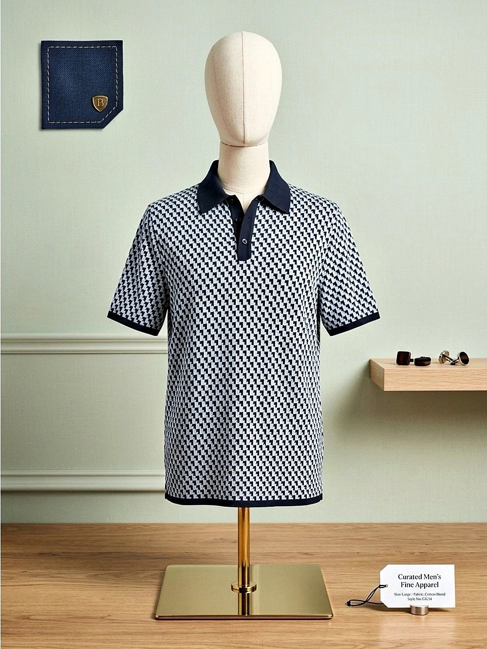 Men's Geometric Short Sleeve Polo in Blue & White